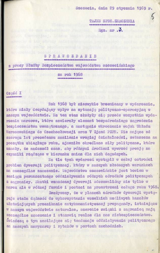 Sprawozdanie z pracy Służby Bezpieczeństwa województwa szczecińskiego za rok 1968