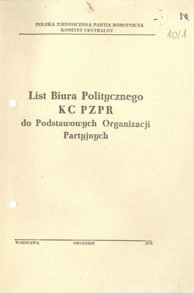 List Biura Politycznego KC PZPR do POP PZPR - grudzień 1970 r.