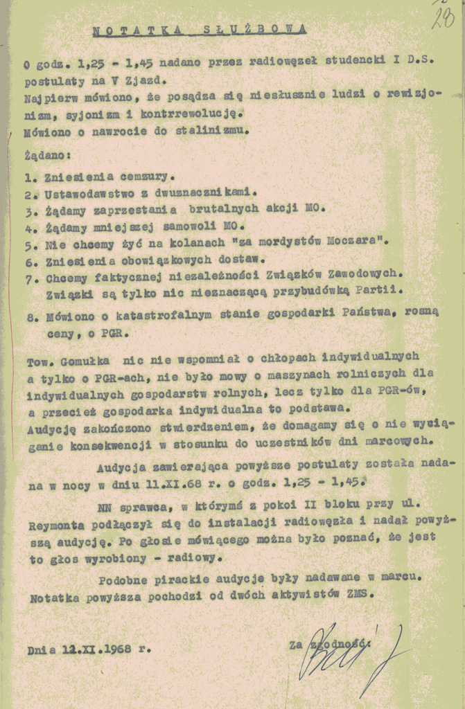 Notatka służbowa z dnia 12-11-1968 r. dot. pirackiej audycji radiowej, z zasobów OAIPN w Krakowie