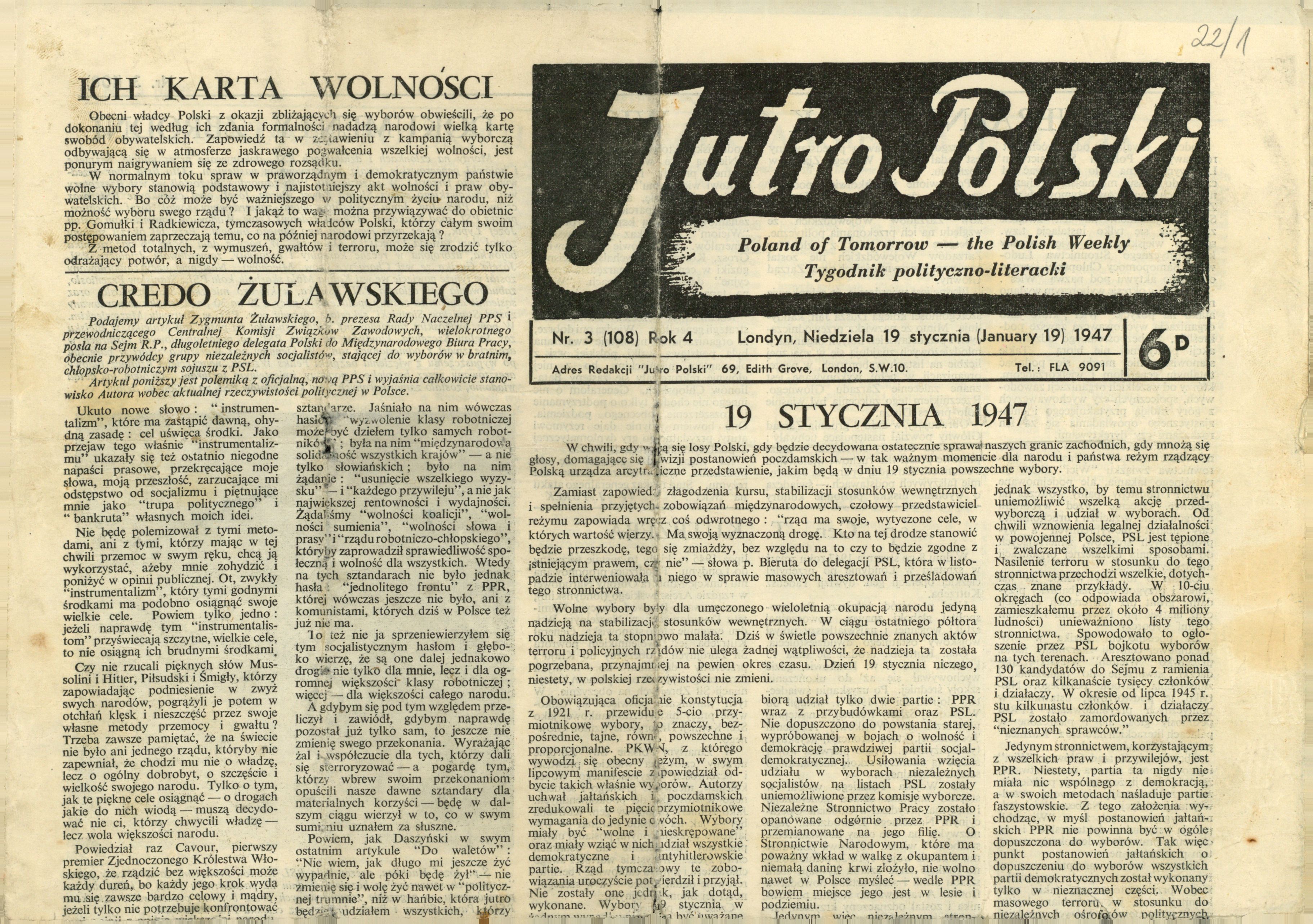&quot;Jutro Polski&quot; 1947, nr 3 z 19 I, s. 1.