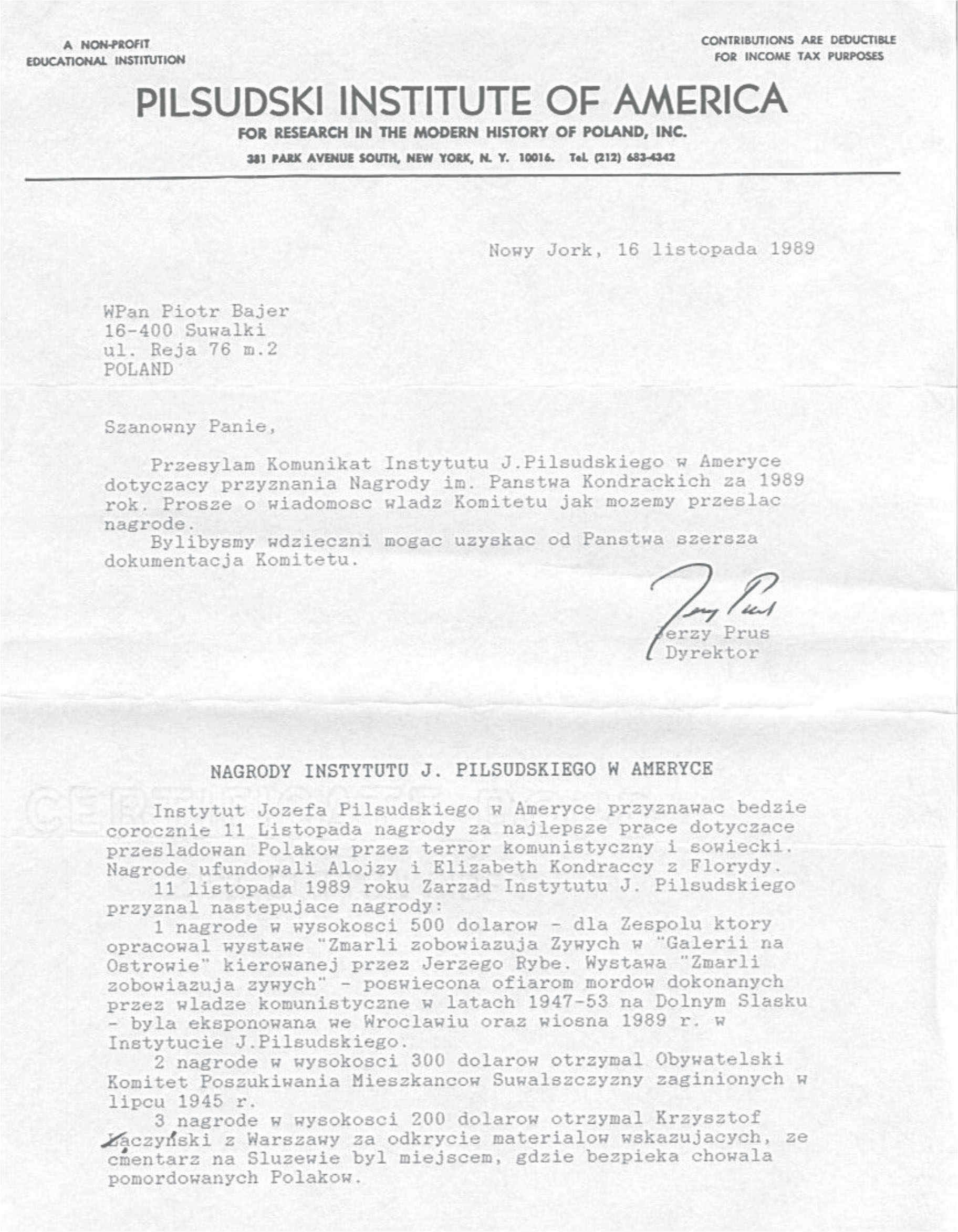 Pismo z Instytutu J. Piłsudskiego w Nowym Jorku