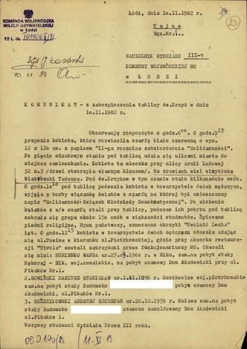 Teczka personalna kandydata na TW – Komunikat w sprawie zabezpieczenia tablicy umieszczonej na ścianie kościoła pw. Św. Krzyża w Łodzi w dniu 10.11.1982 r., IPN Ld 0040/462