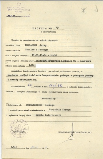 Teczka internowanego w OO Łowicz – Jerzego Drygalskiego, IPN Ld 24/34