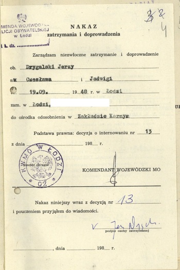 Teczka internowanego w OO Łowicz – Jerzego Drygalskiego, IPN Ld 24/34