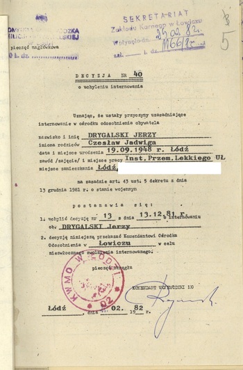 Teczka internowanego w OO Łowicz – Jerzego Drygalskiego, IPN Ld 24/34