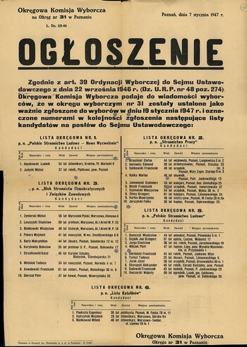 Ogłoszenie Okręgowej Komisji Wyborczej na Okręg nr 31 w Poznaniu, 7 I 1947 r. (IPN Po 06/229, t. 65)