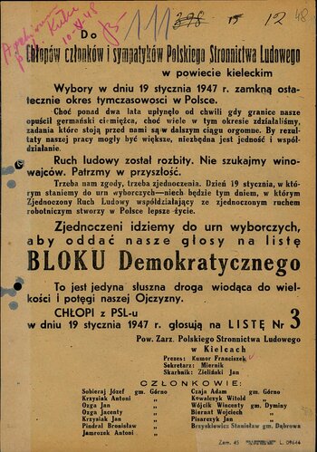 Odezwa wyborcza Zarządu Powiatowego PSL w Kielcach wzywająca do głosowania na tzw. Blok Demokratyczny (IPN Ki 015/182, t. 7)