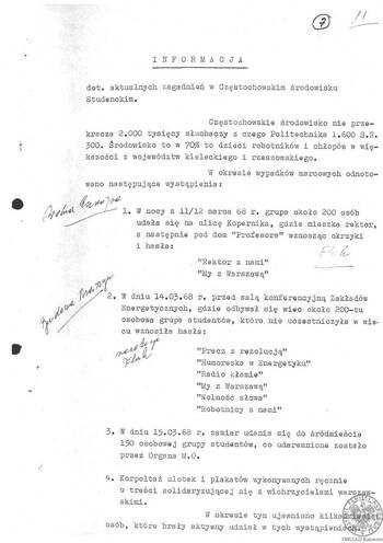 Informacja dot. demonstracji studenckich na terenie Częstochowy