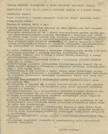 Uchwała komitetu wiecowego z dnia 13-03-1968 r.