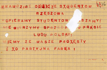 Rzeszów - ulotka z wyrazami poparcia dla studentów Warszawy