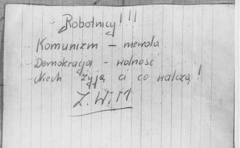 Fotokopia ulotki „Robotnicy, komunizm = niewola …” 010/10565 Sprawa operacyjno-śledcza „Pisarz” k. 57