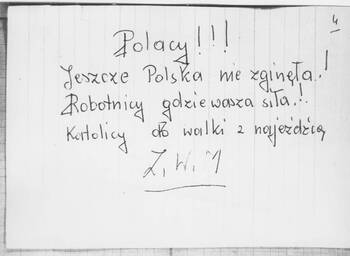 Fotokopia ulotki „Jeszcze Polska nie zginęła … katolicy do walki z najeźdźcą ” 010/10565 Sprawa operacyjno-śledcza „Pisarz” k. 57