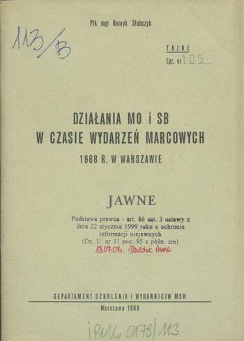 Słabczyk Henryk, Działania MO i SB w czasie wydarzeń marcowych 1968 r. w Warszawie 0179/113