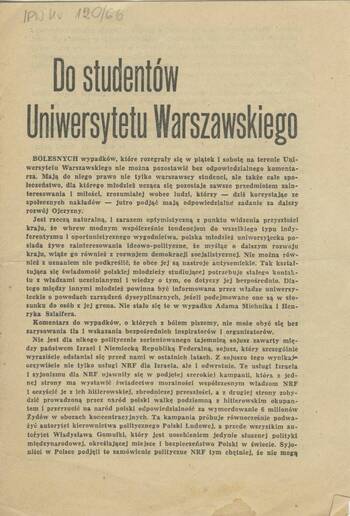 Krzysztof Wędrychowski, ulotka którą otrzymał donator w 1968 r. w zakładzie pracy Elektromontaż w Nowej Hucie, w związku z zajściami na Uniwersytecie Warszawskim, 0120/66 k. 1 – cz. 1 -4