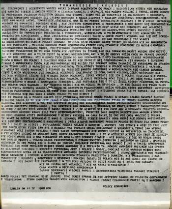 Odezwa wydana przez polskich komunistów w dniu 11-04-1968 r., IPN Lu 016/537 t. 2, k. 120, 121 (d. Ul/9405)