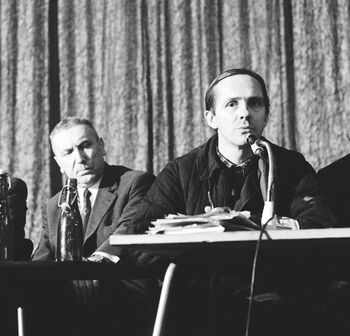 Edward Gierek i Edmund Bałuka – przewodniczący Komitetu Strajkowego. 24.01.1971 r. (fot. Maciej Jasiecki)