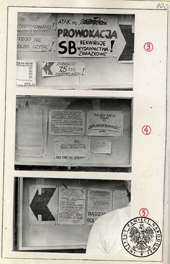 Budynek ZR NSZZ Solidarność w Pile, tablica poglądowa z fotografiami wykonanymi przez SB