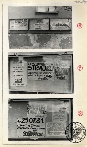 Budynek ZR NSZZ Solidarność w Pile, tablica poglądowa z fotografiami wykonanymi przez SB