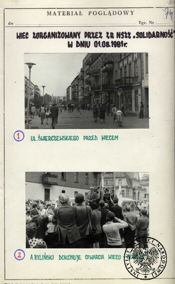 Wiec w Koninie (1 sierpnia 1981 r.) zorganizowany przez Solidarność, tablice poglądowe z fotografiami wykonanymi przez SB