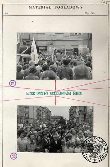 Wiec w Koninie (1 sierpnia 1981 r.) zorganizowany przez Solidarność, tablice poglądowe z fotografiami wykonanymi przez SB