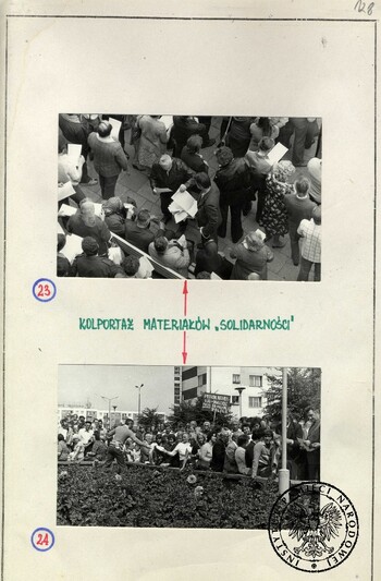 Wiec w Koninie (1 sierpnia 1981 r.) zorganizowany przez Solidarność, tablice poglądowe z fotografiami wykonanymi przez SB