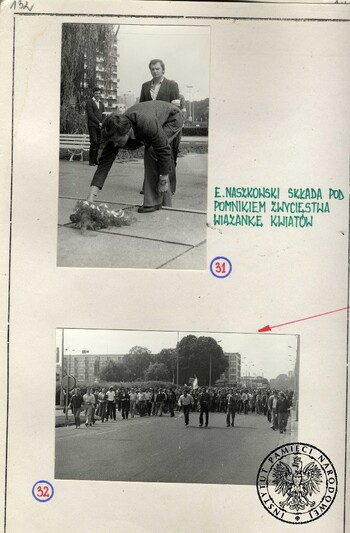 Wiec w Koninie (1 sierpnia 1981 r.) zorganizowany przez Solidarność, tablice poglądowe z fotografiami wykonanymi przez SB