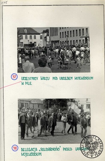 Wiec w Koninie (1 sierpnia 1981 r.) zorganizowany przez Solidarność, tablice poglądowe z fotografiami wykonanymi przez SB