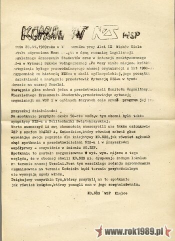 Komunikat NZS WSP Kielce z dn. 20.01.1989. (ze zbiorów Janusza Kozy)