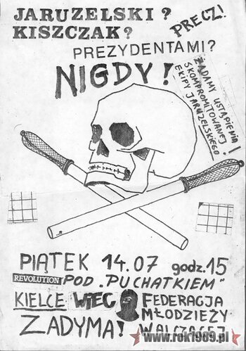 Plakat wiecu Federacji Młodzieży Walczącej z dnia 14.07.1989 r. (ze zbiorów Mirosława Gębskiego)