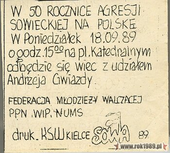 Ulotka informacyjna – Wiec w 50 rocznicę agresji sowieckiej na Polskę Kielce 18.09.1989, (ze zbiorów Mirosława Gębskiego)