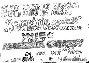 Ulotka informacyjna – Wiec z udziałem Andrzeja Gwiazdy, Kielce 18.09.1989 (ze zbiorów Mirosława Gębskiego)