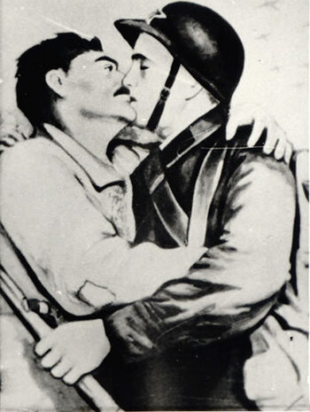 Plakat "Spotkanie robotników z żołnierzami radzieckimi", jaki pojawił się we wrześniu 1939 r. na terenach Polski zagarniętych przez ZSRR