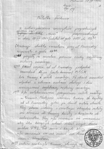Notatka służbowa z zabezpieczenia pogrzebu górnika KWK Wujek - s. 1