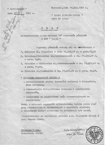 Plan zabezpieczenia przez Wydział B pogrzebów górników z KWK Wujek