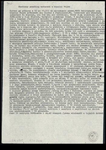 Skrócony przebieg wydarzeń w kopalni „Wujek” najprawdopodobniej ze stycznia 1982 r.