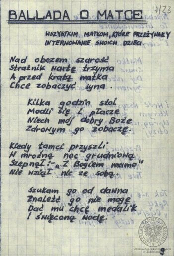 Wiersze i pieśni internowanych odnalezione w aktach Józefa Bujoczka