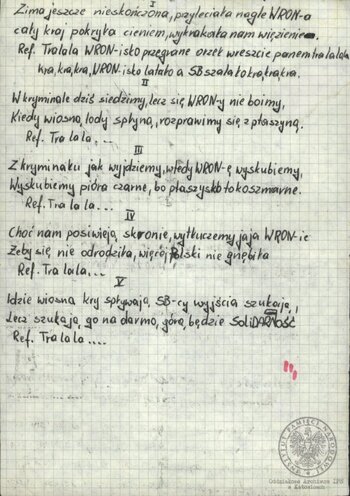 Wiersze i pieśni internowanych odnalezione w aktach Józefa Bujoczka