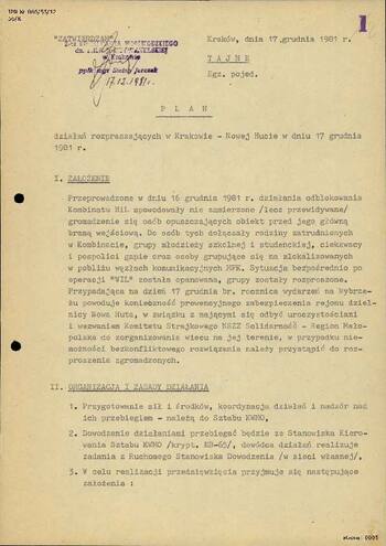 Materiały Wojewódzkiego Stanowiska Kierowania KWMO w Krakowie dotyczące działań rozpraszających w Krakowie-Nowej Hucie w dniu 17 grudnia 1981