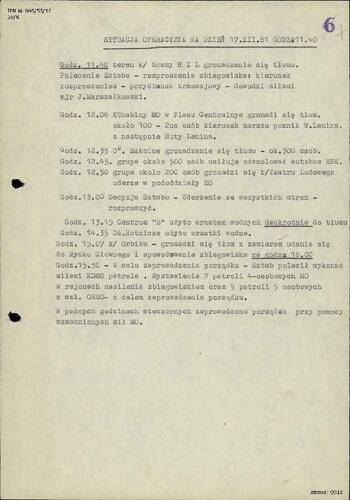 Materiały Wojewódzkiego Stanowiska Kierowania KWMO w Krakowie dotyczące działań rozpraszających w Krakowie-Nowej Hucie w dniu 17 grudnia 1981