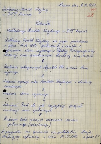 Dokumenty Zakładowego Komitetu Strajkowego FŁT Kraśnik z grudnia 1981