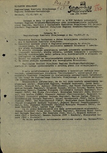 Dokumenty Zakładowego Komitetu Strajkowego FŁT Kraśnik z grudnia 1981