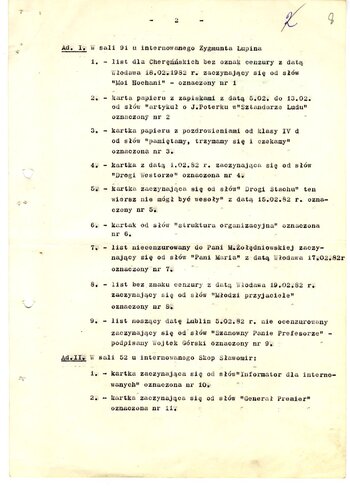 Zakład Karny Włodawa do Prokuratora Wojewódzkiego w Chełmie 27.02.1982 r. informuje o rewizji i odnalezieniu nielegalnych przedmiotów u internowanych (k. 7-11)