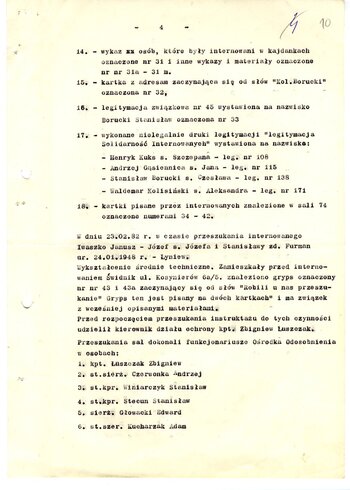 Zakład Karny Włodawa do Prokuratora Wojewódzkiego w Chełmie 27.02.1982 r. informuje o rewizji i odnalezieniu nielegalnych przedmiotów u internowanych (k. 7-11)