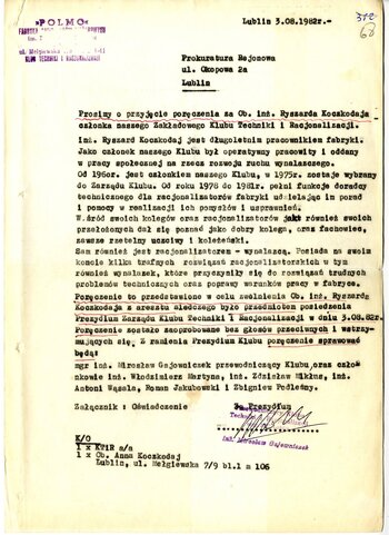 Poręczenie za aresztowanym Ryszardem Koczkodajem przez członków Klubu Techniki i Racjonalizacji przy „Polmo” FSC Lublin z dnia 3.08.1982 r. (k. 68-69)