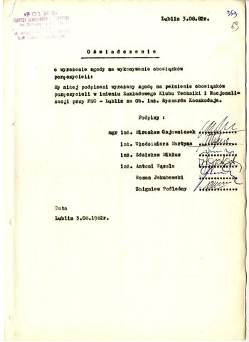 Poręczenie za aresztowanym Ryszardem Koczkodajem przez członków Klubu Techniki i Racjonalizacji przy „Polmo” FSC Lublin z dnia 3.08.1982 r. (k. 68-69)