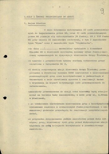 Plan zatrzymania i doprowadzenia do ośrodków odosobnienie osób przeznaczonych do internowania z terenu woj. siedleckiego (k. 8-22)