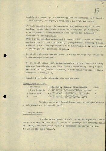 Plan zatrzymania i doprowadzenia do ośrodków odosobnienie osób przeznaczonych do internowania z terenu woj. siedleckiego (k. 8-22)