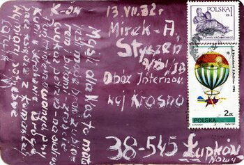 Pocztówka wysłana 13-07-1982 r. do Mirosława Stycznia, przebywającego w obozie dla internowanych w Nowym Łupkowie.