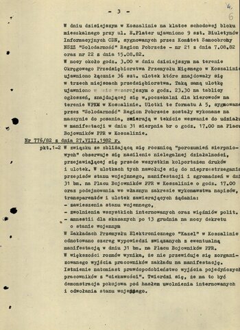 Wyciągi z informacji dobowych kierowanych do Sekretariatu Sztabu MSW w Warszawie dot. przygotowań do manifestacji na Pl. Bojowników PPR w dniu 31 sierpnia 1982 r. Sygn. IPN Sz 443/61.