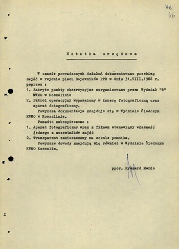 Notatka urzędowa sporządzona przez ppor. Ryszarda Merło dot. sposobu dokumentowania manifestacji na Pl. Bojowników PPR w dniu 31 sierpnia 1982 r. Sygn. IPN Sz 443/61.
